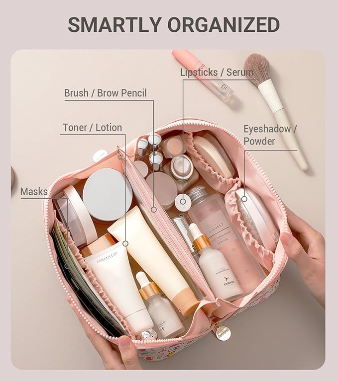 Aveniee Travel Makeup Bag for Women, Large Cosmetic Organizer with Open-Flat Design, Clear Divider & Handle - Waterproof PU Leather Toiletry Case, Cat Pattern