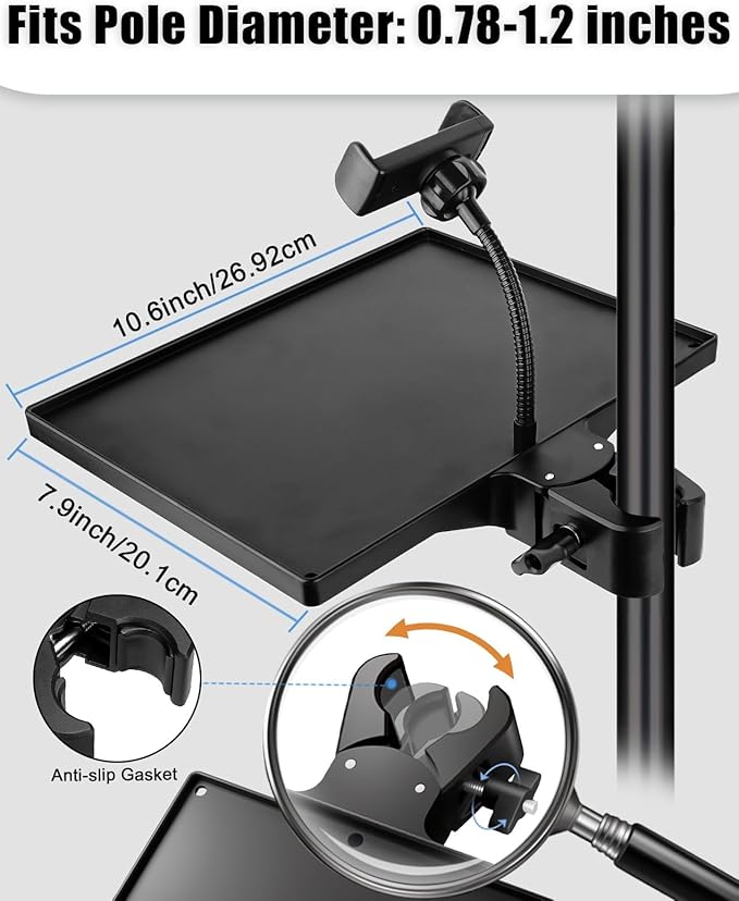 BILIONE Mic Stand Tray with Gooseneck Phone Holder, 10.6" X 7.8" Microphone Stand Tray Crab Clamp On Music Stand Floor Shelf Pole Mount, Karaoke Accessories