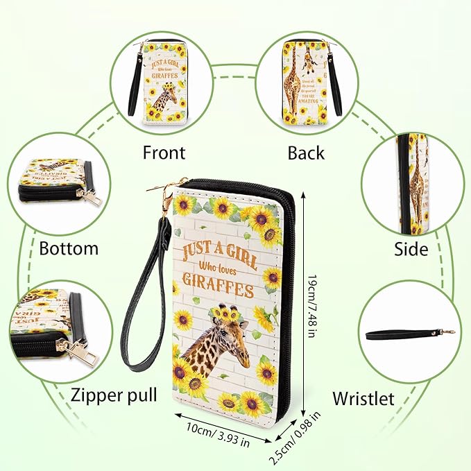 Giraffe Lovers Gifts Womens Wallet - Small Slim PU Leather Wallet for Women with Zipper Coin Purse, Credit Card Holder Wallets, Wristlet Wallets for Female Ladies Teen Girls