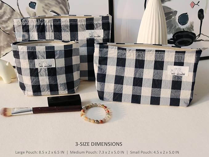 HAPPYHEIDI Cotton Black White Checker Makeup Bag Set 3 with Compartment Cosmetic Toiletry Travel Pouch,Purse Accessory Organizer, 3-Size, Canvas Lined