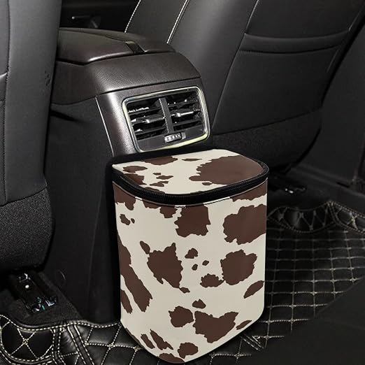 Biyejit Brown Cow Print Car Trash Can Leak Proof Car Trash Bin Collapsible Waterproof Automotive Garbage Can with Lid for SUV Front Seat Car Accessories Interior Car Organizer