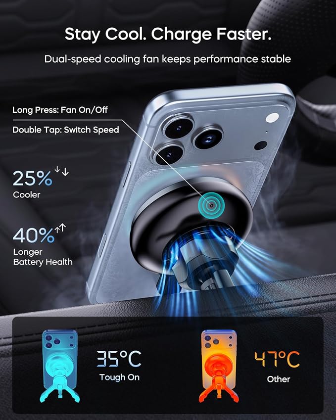 Qi2.2 25W for MagSafe Car Mount Charger, Wireless Car Charger with Cooling Fan, 45W Adapter, Air Vent Magnetic Car Phone Holder, Fast Charging for iPhone 17/16/15 Series & Samsung Galaxy