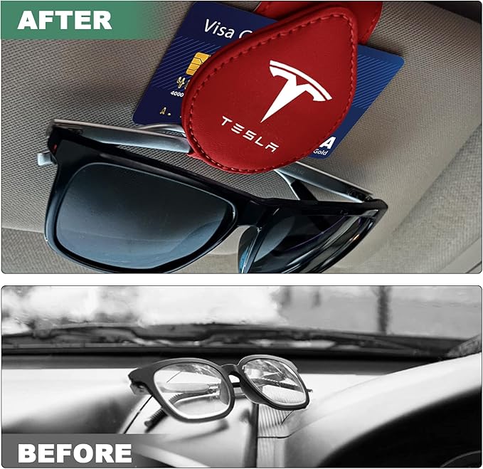 Sunglasses Holder Compatible with Tesla Model Y 3 X S Cybertruck Leather Magnetic Glasses Mount Holder Eyeglasses Sunglasses Clip Visor Sunglass Holder Accessories Gifts for Owners (Red)