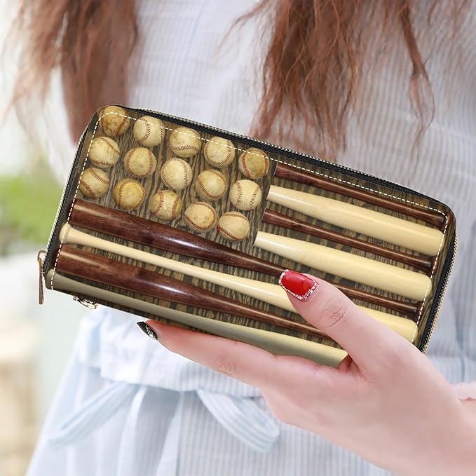 Women's Large Capacity Wallet PU Leather Zip Around Clutch Purse Multifunctional Wallet with Removable Wristlet Strap for Smart Phone/Coin/Card/Cash, Baseball Combination American Flag