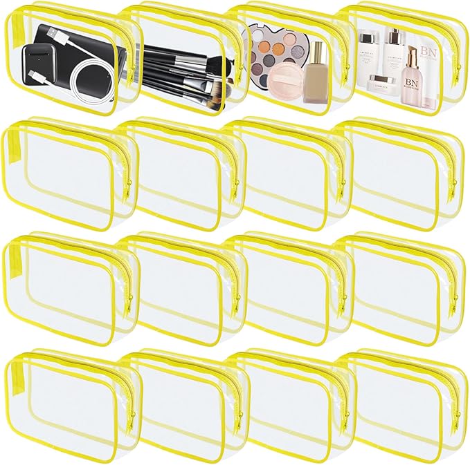 YedsIntu 16 Pieces Clear Makeup Bag PVC Zippered Clear Toiletry Carry Pouch Portable Cosmetics Bag Waterproof Makeup Bag Vinyl Plastic Organizer Case for Travel Vacation Bathroom (Yellow-M)