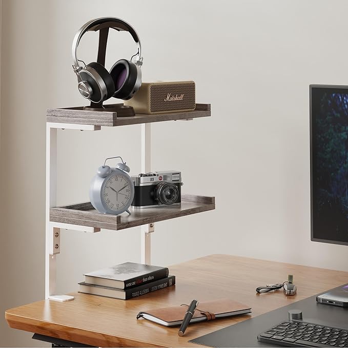 Clamp On Desk Shelf 2-Tier, Wood Shelving Unit for Office Desk/Gaming Accessories, Tabletop Book Storage Rack, Shelf for Top of Desk, Grey
