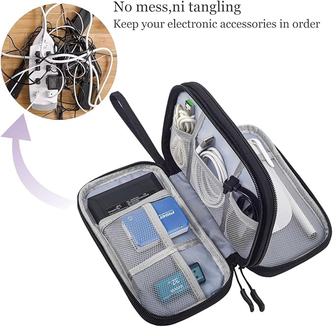 CAAORDKSO Electronics Organizer Travel Bag, Small Cable Organizer Case Waterproof Accessories Pouch, Travel Electronic Carrying Case for Cord, Charger, Phone, USB, Power Bank, Earphone (Black, Medium)
