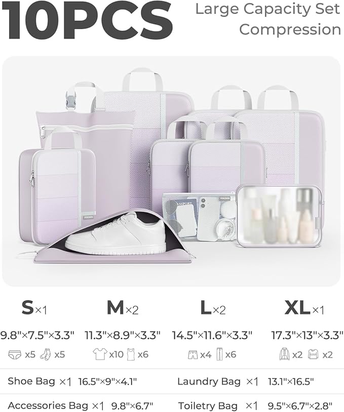 Percover Compression Packing Cubes 10-Piece Set, Packing Cubes Compression for Travel with Toiletry Bag, Laundry Bag & Shoe Bag, All-in-One Travel Organizer for Carry On & Checked Luggage, Purple