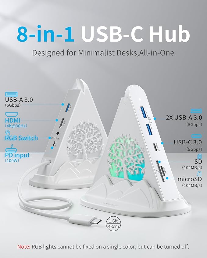 USB C Hub, White 8 in 1 USB C Hub Multiport Adapter with 4K HDMI, 100W Power Charging, 5Gbps Type C 3.0, 3xUSB A 3.0, SD/TF Reader& RGB Lighting, White Dcoking Station for MacBook Air, Laptops(Tree)