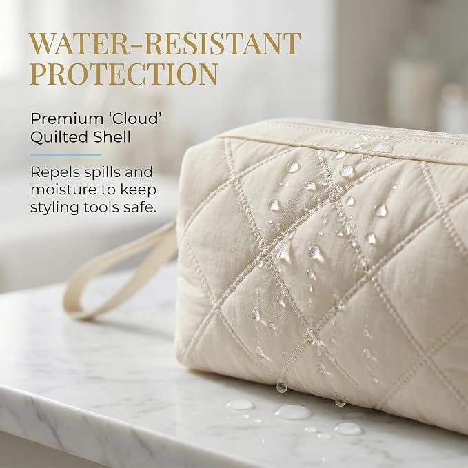 Stratalife Quilted Hair Tools Travel Bag with Polishing Cloth Compatible with Dyson Airwrap Shark Flex Style, Portable Toiletry Bag Hair Dryer Curling Iron Carrying Case Travel Essentials Khaki