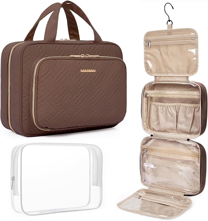 BAGSMART Toiletry Bag Hanging Travel Makeup Organizer with TSA Approved Transparent Cosmetic Bag Makeup Bag for Full Sized Toiletries(Coffee Brown)