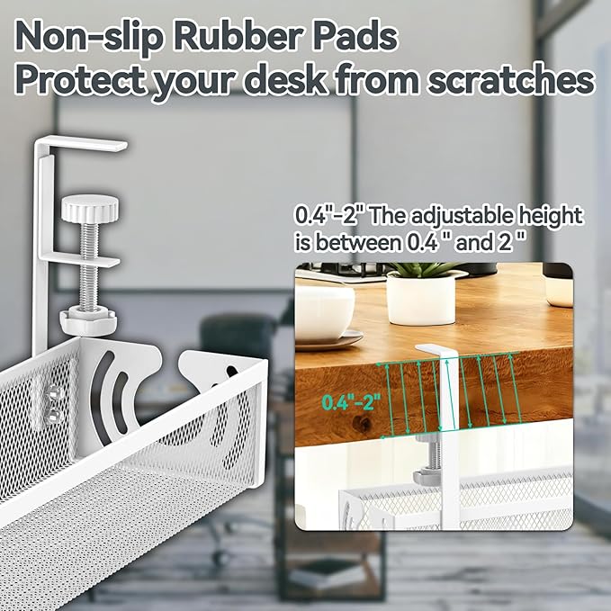 Cable Management, 15'' Under Desk Cable Management Tray No Drill, Metal Cable Organizer with Clamp for Wire Management, Cord Organizer for Home Office, Desk Accessories Organizer, White