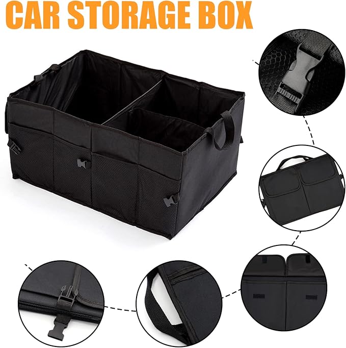 50L Car Trunk Organizers with Handle - Oxford Car Storage Box, Multi Compartment Foldable Trunk Organizer for SUV, Auto, Truck, Black