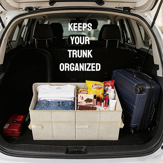 PAT SAM'S Car Trunk Organizer for SUV, Foldable Collapsible Storage Organizer with Dividers, Non-Slip Waterproof 600D Oxford, Backseat & Trunk Storage for Groceries, Tools, Toys (Beige)