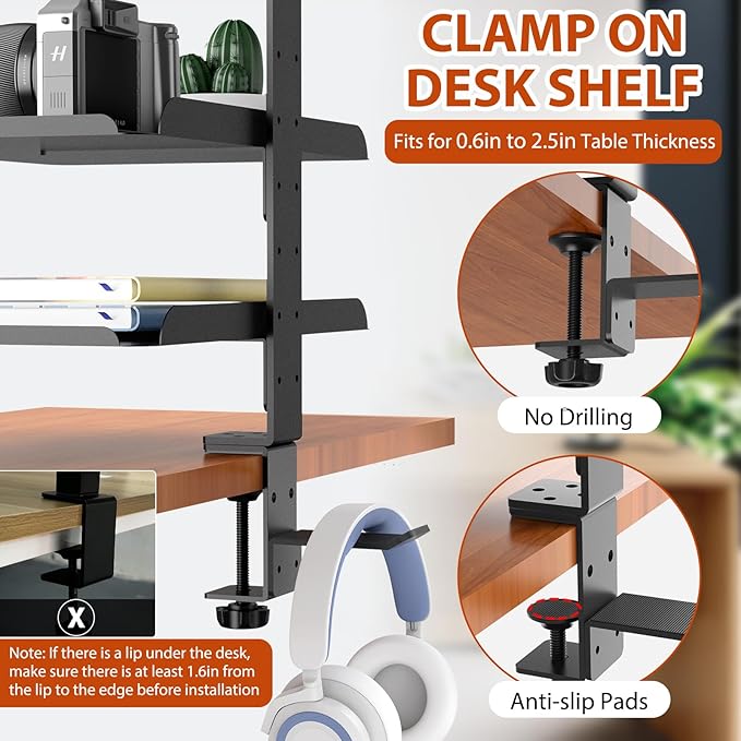 3 Tier Clamp On Desk Shelf, No Drill Desk Extension Shelving Unit with Adjustable Metal Trays & Headphone Stand Above or Under Desk Storage, Heavy Duty Desktop Storage Rack for Home Office