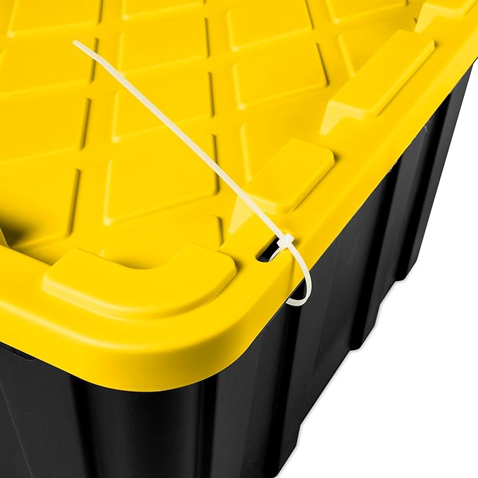 Sterilite 38 Gal Industrial Tote, Stackable Storage Bin with Snap-Fit Lid for Garage, Basement & Attic Storage, Black Base and Yellow Lily Lid, 4-Pack