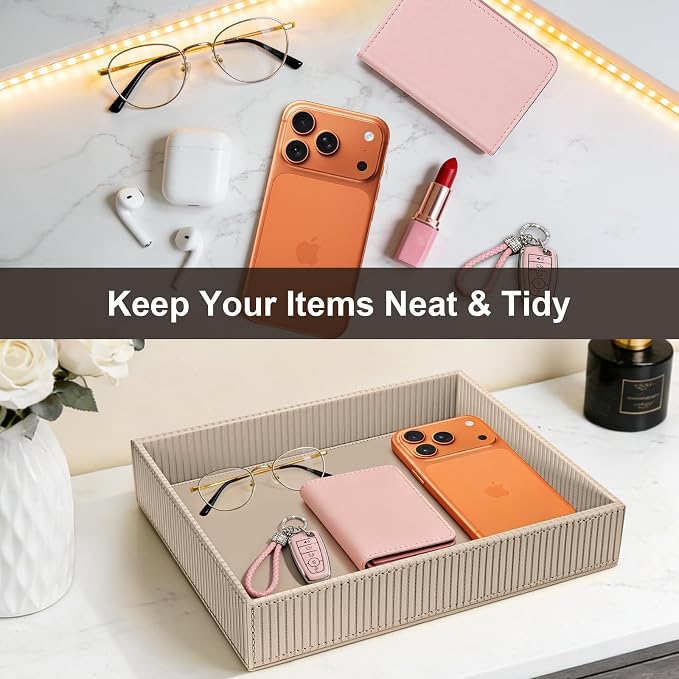 SITHON Valet Tray Desk Organizer, PU Leather Catchall Bedside Vanity Tray Nightstand Caddy Coin Box Key Jewelry Storage Organizer, Graduation Day Father's Gift, Stripe Latte