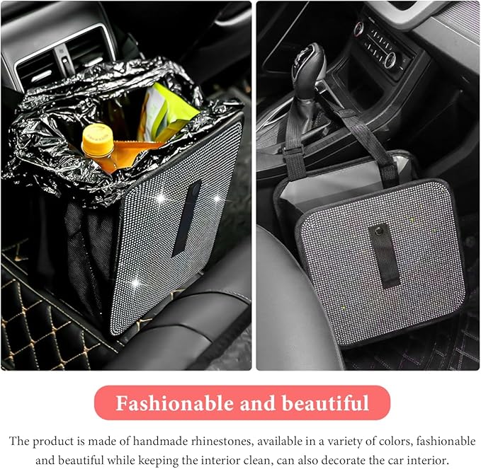 Car Foldable Trash Can, Bling Rhinestone Oxford Garbage Container Hanging Waterproof Organizer, Mini Crystal Dustbin Waste Basket Leakproof Trash Bin for Car Office Kitchen (AB)