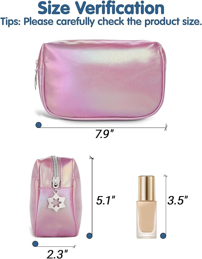 Small Makeup Bag，Travel Cosmetic Bag Organizer，Toiletry Bag with Zipper，Accessories Storage Bag for Women-Holographic pink