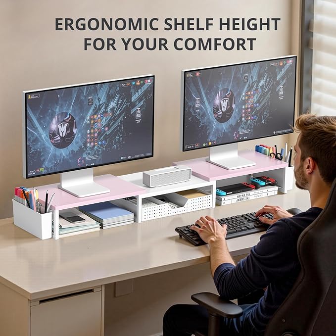 OPNICE Desk Organizers and Accessories, Dual Monitor Stand Riser with Drawer and 2 Pen Holders, Desk Shelf Wood Computer Racks for Office Workspace Organizers, Desktop Organization (Pink-White Wood)