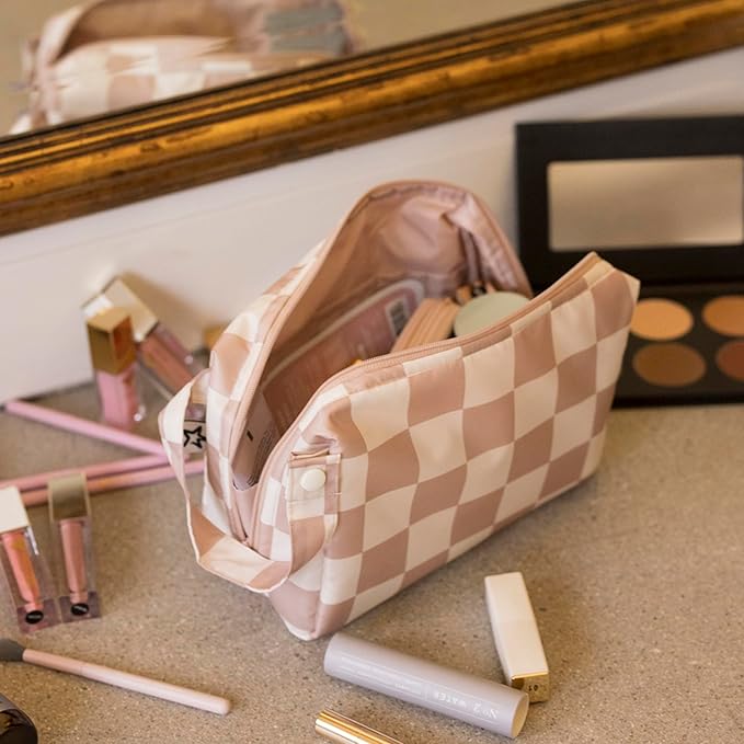 Tiny Twinkle Waterproof Travel Toiletry & Makeup Bag Organizer | Makeup Pouch with Multiple Compartments & Snap Handle for Travel | Gift for Teen Girls and Women（Beige Checkers