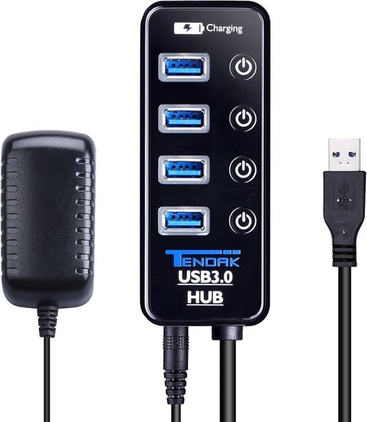 USB 3.0 Hub - Tendak USB Hub with 4 USB 3.0 Data Ports + 1 USB Smart Charging Port and Power Supply Adapter with Individual On/Off Port Switches for MacBook, Mac Pro, HDD