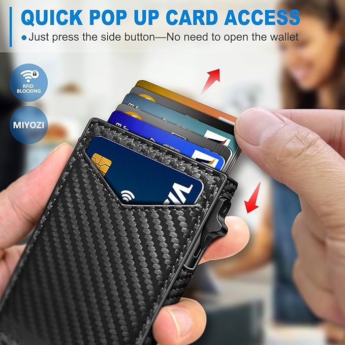miyozi Wallet for Men, Slim Pop Up Card Holder - RFID Blocking Minimalist Bifold Wallet with ID Window, Holds 9-11 Cards & Stretchable Strap, Metal Flip Case with Magnetic Closure, Gift Box