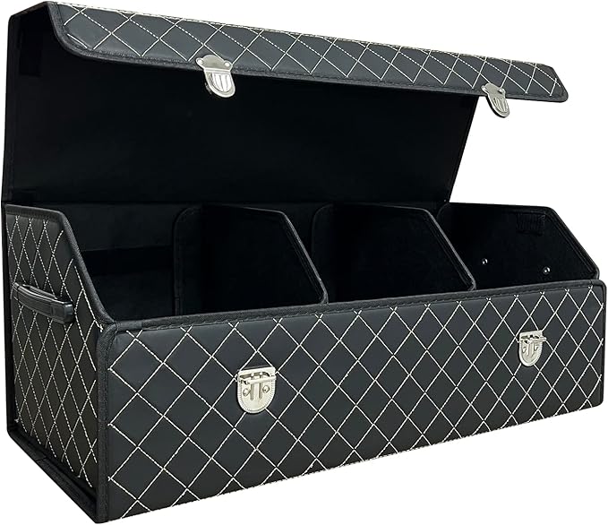 Car Trunk Organizer with Lid,Foldable Faux Leather Cargo Storage Box,3 Compartments,Collapsible Multi-Functional for SUV,Sedan,Vehicle Trunk
