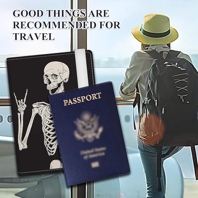 Passport Holder for Travel Essentials, RFID Premium Leather Passport Wallet Cover Case for Travel Must Haves Accessories, Passport Book Holders for Women Men Cool Rock Skull