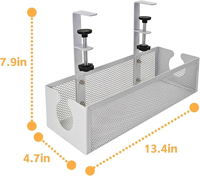 Under Desk Cable Management Tray – No Drill Metal Mesh Cord Organizer for Home Office & Standing, Adjustable Wire Organizer, Space-Saving Desk Tray (White)