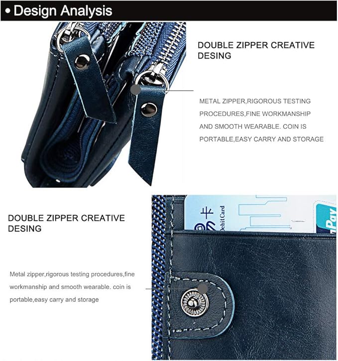 Men's Folding Double Zip Wallet RFID Blocks Retro Short Coin Purse