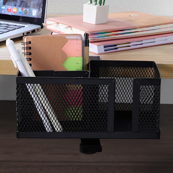 Operitacx Clip on Desk Organizer with Clamp Cup Holder and Phone Stand Multifunctional Desktop Storage for Pens and Accessories Space-Saving Black Desk Side Organizer for Home and Office
