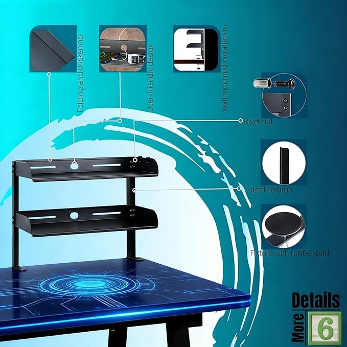 Yuxh Clamp On Desk Shelf 2 Tier Cilp Under Table Organizer, Black-L, 16 inch