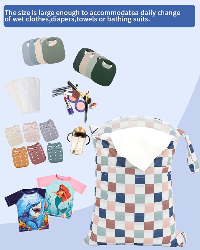 ALVABABY 3 pcs Cloth Diaper Wet Dry Bags Waterproof Reusable with Two Zippered Pockets Travel Beach Pool Daycare Soiled Baby Items Yoga Gym Bag for Swimsuits or Wet Clothes Small Medium Large 3L-SML12