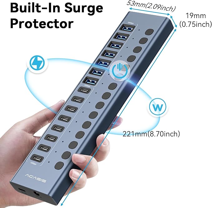 Powered USB 3.2 Hub, ACASIS 16 Ports USB 3.2 Hub(8 USB-A 3.2 Ports+8 USB-C 3.2 Ports), Aluminum USB Hub Powered with 96W Power Adapter, USB Hub for PC/Laptop, Computer, Flash Drive, Printer, Camera
