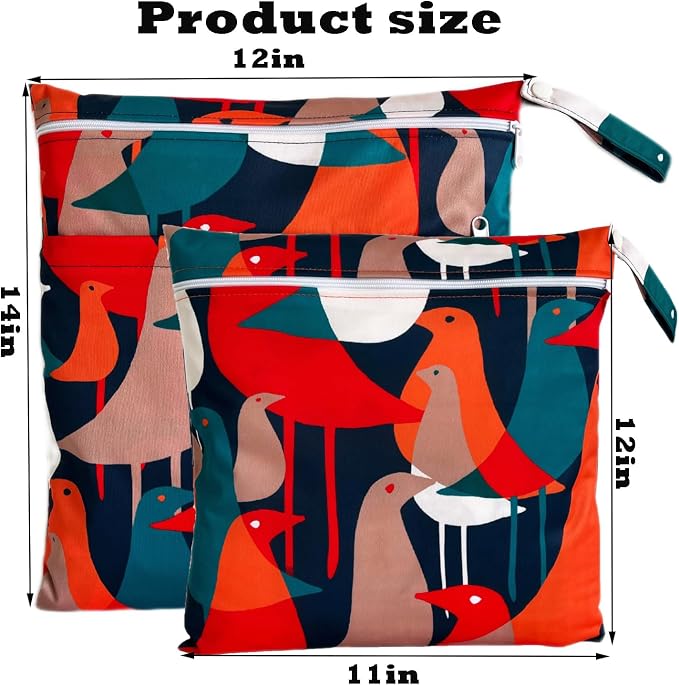 Wet Dry Bag for Cloth Diapers, 2PCS Waterproof Reusable Wet Bag with Zippered Pockets, Washable, Reusable for Travel, Beach, Pool, Stroller, Diapers, Dirty Gym Clothes, Swimsuits, 14x12In & 12x11In