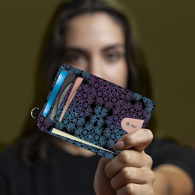 Small Travel Wallets, Purple Blue Mandala Slim Minimalist Front Pocket Wallet with Wristlet, RFID Blocking PU Leather Credit Card Holder with ID Window Change Purse for Men Women