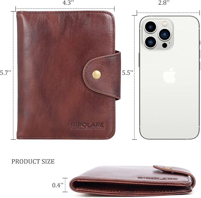 Polare Full Grain Leather Slim and Soft RFID Blocking wallet For Men Snap Bifold Travel Wallet Passport Holders 2 Passports (Coffee)