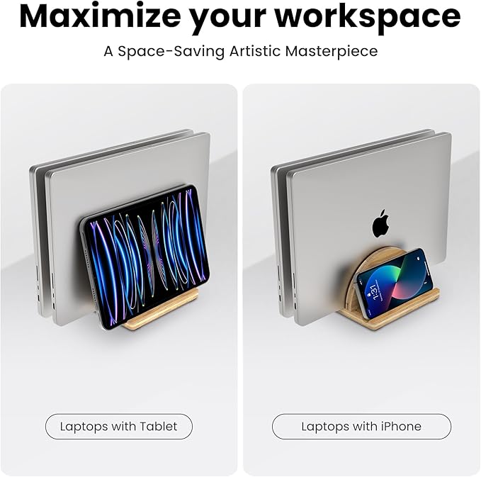 Kothar Premium Wood Vertical Laptop Stand - Adjustable Dual Slot Bamboo Holder for MacBook, Dell, HP, and More | Space-Saving Desktop Organizer | Eco-Friendly, Sleek & Durable Design