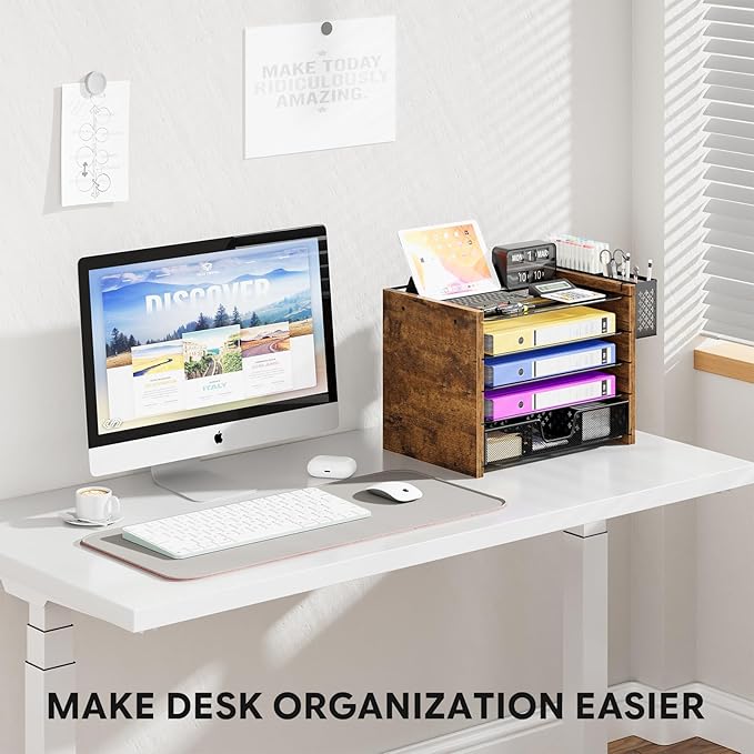 Simple Trending 5-Tier Wood Desk Organizer, Desk Organizers and Accessories with Drawer & Pen Holder for Home Office School