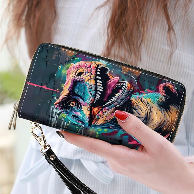 Women's Large Capacity Wallet PU Leather Double Zipper Clutch Purse Multifunctional Wallet with Removable Wristlet Strap for Smart Phone/Coin/Card/Cash - Dinosaur