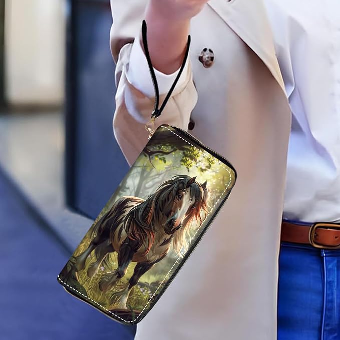 Women's Large Capacity Wallet PU Leather Zip Around Clutch Purse Multifunctional Wallet with Removable Wristlet Strap for Smart Phone/Coin/Card/Cash, Horse