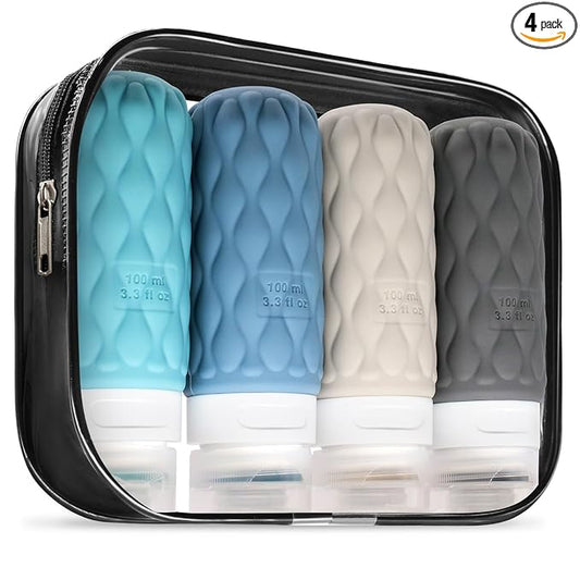 100 ml Silicone Travel Bottles for Toiletries with Labels/Clear Bag, Holiday Travel Essentials Leakproof Refillable Squeeze Travel Size Containers Set for Shampoo and Conditioner