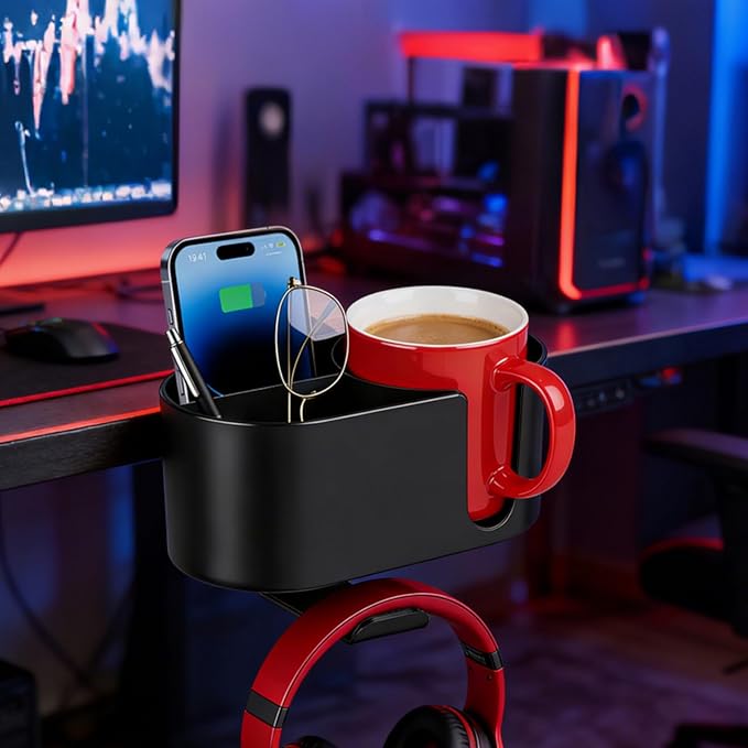 MYITYARD 4 in 1 Desk Cup Holder, Clamp On Drink Holder with Headphone Hanger, Anti-Spill Clip on Desk Organizer for Pen Phone Mug, Gaming Office Desk Accessories fits Most Desks