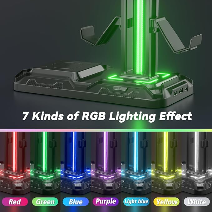 KDD Headphone & Controller Stand with Wireless Charging - Rotatable Headset Stand with 9 Light Modes - Controller Holder with 2 USB and Type C Ports - for Gamers Desktop Accessories