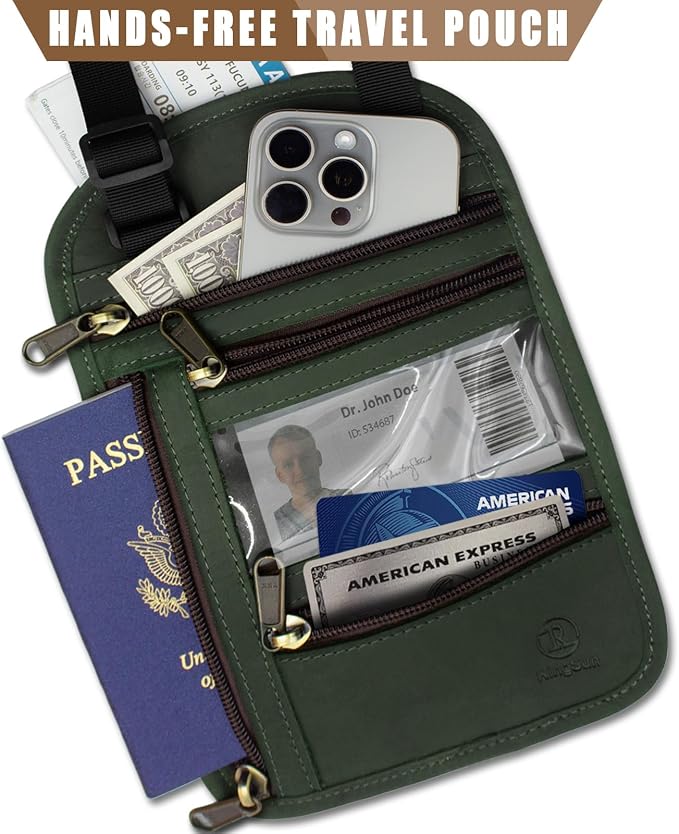 Ringsun Genuine Leather Passport Holder For Travel, RFID Blocking Slim Neck Wallet with Adjustable Strap for Women and Men, Travel Essentials to Keep Cash, Credit Cards and Documents Safe, Green