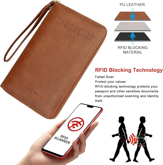 defway Passport Holder Travel Wallet - RFID Blocking Passport Holder Card Slots, PU Leather Travel Wallet Cover, Organizer for Documents Travel Essentials (Brown)