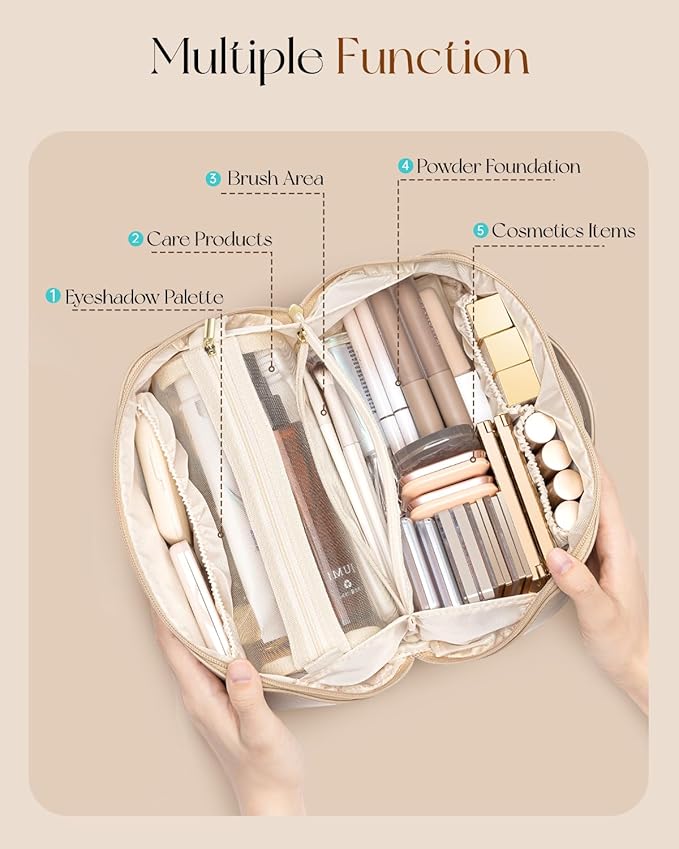 VLANDO Makeup Bag,Travel Toiletry Bag,Cosmetic Bag for Women PU Leather Portable Make up Bag for Skincare, Brushes & Travel Essentials-Toffee
