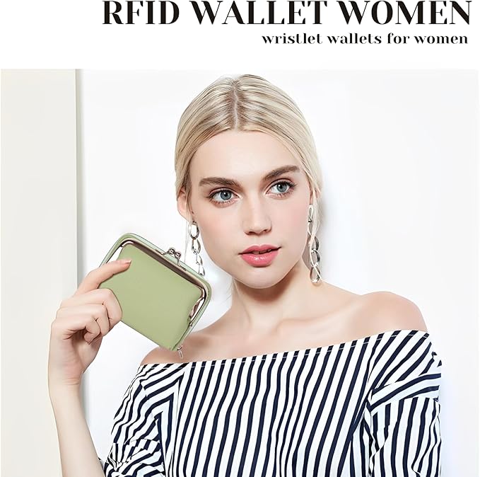 Women's RFID Blocking Wristlet Wallet - 2-in-1 Zip-Around with Coin Purse & Card Slots - Vegan Leather with Secure Clasp (Gift Ready)(Green)