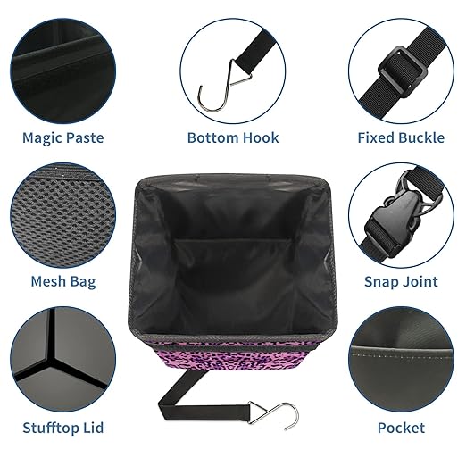 Car Trash Can Purple Pink Black Leopard Auto Garbage Bag Car Trash Can with Lid Leak-Proof Car Storage Bag Auto Garbage Bag Hanging for Headrest Collapsible and Portable with Storage Mesh Pocket